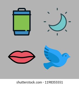 full icon set. vector set about moon, pigeon, garbage bin and lips icons set.