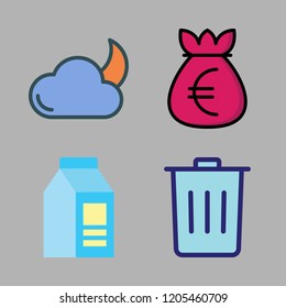 full icon set. vector set about milk, trash, money bag and cloudy night icons set.