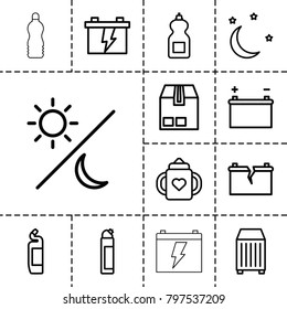 Full icons. set of 13 editable outline full icons such as baby bottle, cleanser, battery, cargo container, moon and stars, broken battery