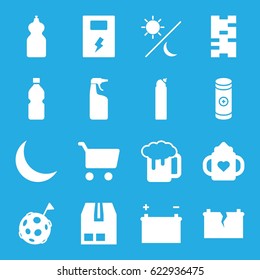 Full icons set. set of 16 full filled icons such as baby bottle, cleanser, beer mug, cargo container, battery, crescent, broken battery, bottle, sun and moon, flag on moon