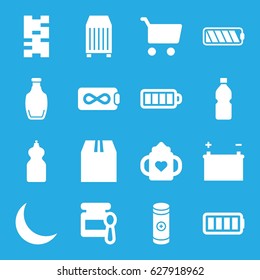 Full icons set. set of 16 full filled icons such as baby food, baby bottle, cleanser, cargo container, baterry, bottle, battery, crescent, ful battery, endless battery, domino