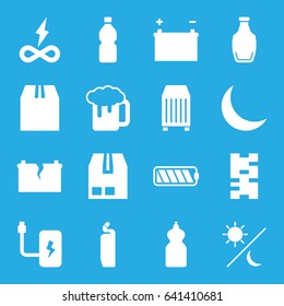 Full icons set. set of 16 full filled icons such as cleanser, beer mug, cargo container, bottle, crescent, battery, broken battery, sun and moon, endless battery