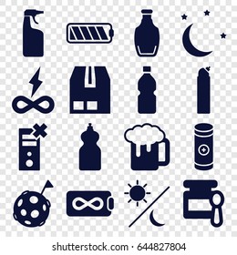 Full icons set. set of 16 full filled icons such as baby food, cleanser, beer mug, cargo container, bottle, battery, moon and stars, sun and moon, flag on moon