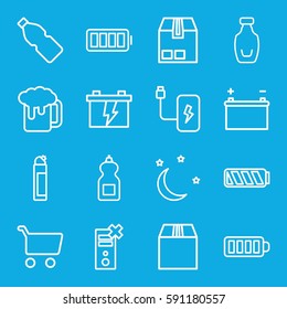 full icons set. Set of 16 full outline icons such as cleanser, battery, cargo container, baterry, bottle, ful battery, moon and stars, beer mug, shopping cart