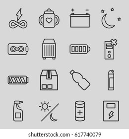 Full icons set. set of 16 full outline icons such as baby bottle, cleanser, cargo container, baterry, battery, moon and stars, sun and moon, bottle, endless battery