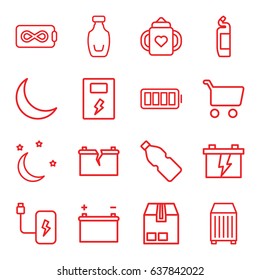 Full icons set. set of 16 full outline icons such as baby bottle, cleanser, battery, cargo container, bottle, crescent, ful battery, moon and stars