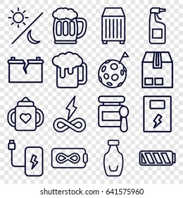 Full icons set. set of 16 full outline icons such as baby food, baby bottle, cleanser, cargo container, bottle, beer mug, battery, broken battery, sun and moon, flag on moon