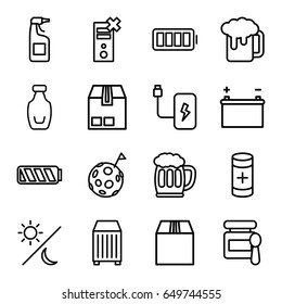 Full icons set. set of 16 full outline icons such as baby food, cleanser, cargo container, bottle, battery, ful battery, beer mug, sun and moon, flag on moon