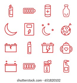Full icons set. set of 16 full outline icons such as baby bottle, cleanser, battery, baterry, bottle, crescent, ful battery, moon and stars, broken battery, flag on moon