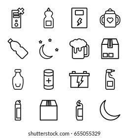 Full icons set. set of 16 full outline icons such as baby bottle, cleanser, battery, cargo container, bottle, crescent, moon and stars, beer mug