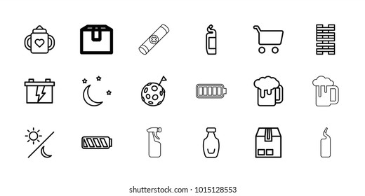 Full icons. set of 18 editable outline full icons: baby bottle, cleanser, battery, beer mug, domino, shopping cart, cargo container, bottle, moon and stars, flag on moon