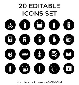 Full icons. set of 20 editable filled full icons such as baby food, cleanser, beer mug, endless battery, bottle, battery, no charge, moon and stars, broken battery