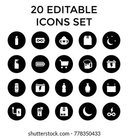Full icons. set of 20 editable filled full icons such as baby bottle, cleanser, battery, beer mug, shopping cart, endless battery. best quality full elements in trendy style.
