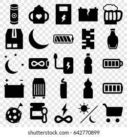 Full icons set. set of 25 full filled icons such as baby food, baby bottle, cleanser, cargo container, baterry, bottle, battery, crescent, ful battery, beer mug