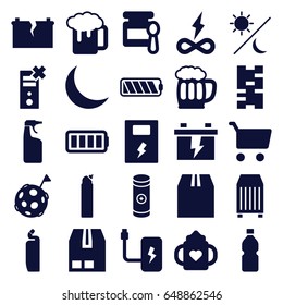 Full icons set. set of 25 full filled icons such as baby food, baby bottle, cleanser, battery, beer mug, cargo container, crescent, ful battery, bottle, sun and moon