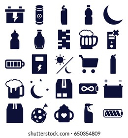 Full icons set. set of 25 full filled icons such as baby bottle, cleanser, battery, beer mug, cargo container, baterry, bottle, crescent, moon and stars, sun and moon