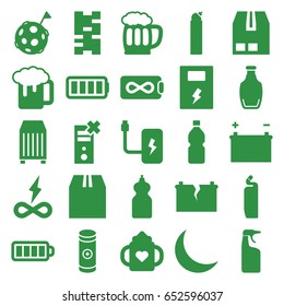 Full icons set. set of 25 full filled icons such as baby bottle, cleanser, beer mug, cargo container, baterry, bottle, battery, crescent, ful battery, flag on moon, domino