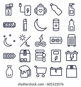 full icons set. Set of 25 full outline icons such as baby food, baby bottle, cleanser, battery, cargo container, baterry, bottle, crescent, moon and stars, broken battery