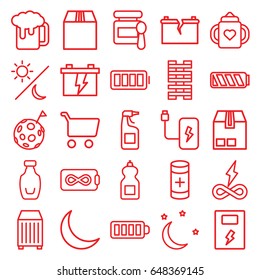 Full icons set. set of 25 full outline icons such as baby food, baby bottle, cleanser, battery, cargo container, baterry, bottle, crescent, ful battery, moon and stars
