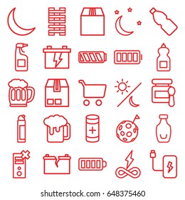 Full icons set. set of 25 full outline icons such as baby food, cleanser, battery, cargo container, baterry, bottle, crescent, ful battery, beer mug, moon and stars