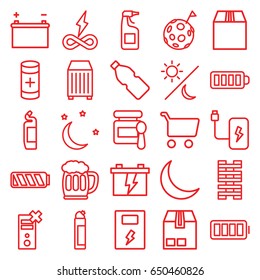 Full icons set. set of 25 full outline icons such as baby food, cleanser, battery, cargo container, baterry, crescent, ful battery, beer mug, moon and stars, sun and moon