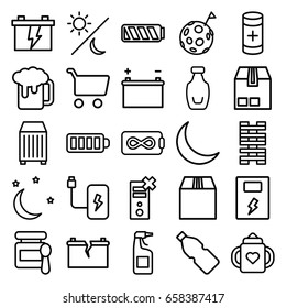 Full icons set. set of 25 full outline icons such as baby food, baby bottle, cleanser, battery, cargo container, baterry, bottle, crescent, moon and stars, broken battery