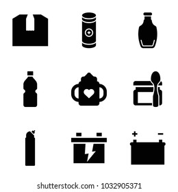 Full icons. set of 9 editable filled full icons such as baby bottle, cleanser, battery, bottle, baby food