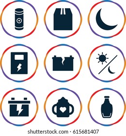 Full icons set. set of 9 full filled icons such as baby bottle, battery, cargo container, bottle, crescent, broken battery