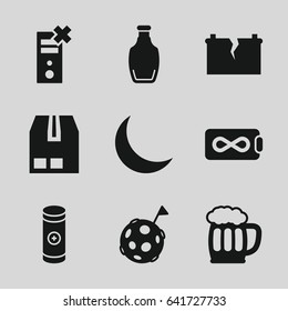 Full icons set. set of 9 full filled icons such as cargo container, bottle, battery, crescent, beer mug, broken battery, flag on moon, endless battery