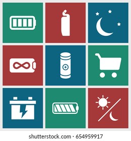 Full icons set. set of 9 full filled icons such as cleanser, battery, ful battery, moon and stars, sun and moon, endless battery