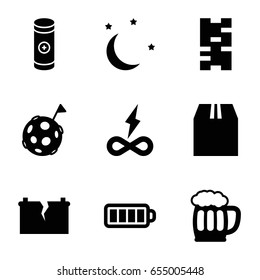 Full icons set. set of 9 full filled icons such as cargo container, baterry, battery, beer mug, moon and stars, broken battery, flag on moon, endless battery