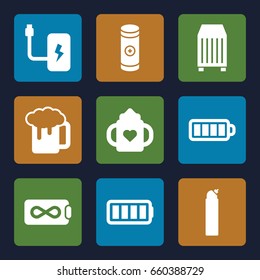 Full icons set. set of 9 full filled icons such as baby bottle, cleanser, beer mug, cargo container, baterry, battery, ful battery