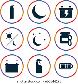 Full icons set. set of 9 full filled icons such as baby food, cleanser, battery, baterry, crescent, moon and stars
