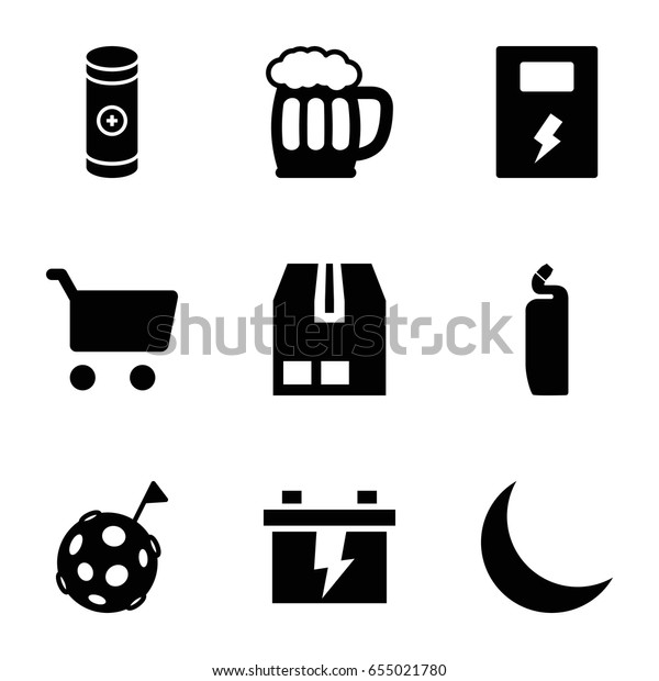 Full\
icons set. set of 9 full filled icons such as cleanser, battery,\
cargo container, crescent, beer mug, flag on\
moon