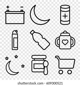 Full icons set. set of 9 full outline icons such as baby food, baby bottle, cleanser, battery, crescent, moon and stars, bottle