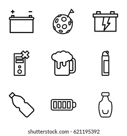 Full icons set. set of 9 full outline icons such as cleanser, battery, baterry, bottle, beer mug, flag on moon