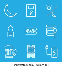 Full icons set. set of 9 full outline icons such as baby food, cleanser, crescent, beer mug, battery, sun and moon, endless battery