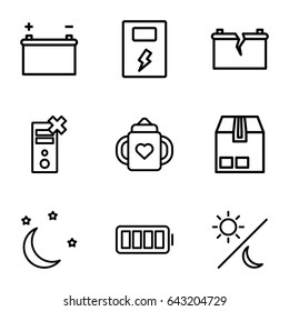 Full icons set. set of 9 full outline icons such as baby bottle, cargo container, ful battery, moon and stars, battery, broken battery, sun and moon