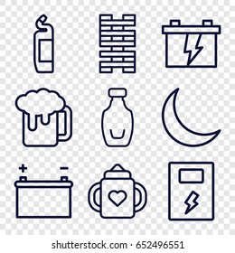 Full icons set. set of 9 full outline icons such as baby bottle, cleanser, battery, bottle, crescent, beer mug