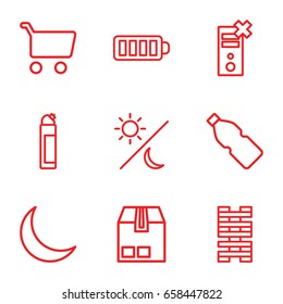Full icons set. set of 9 full outline icons such as cleanser, cargo container, baterry, crescent, sun and moon, bottle, shopping cart, no charge