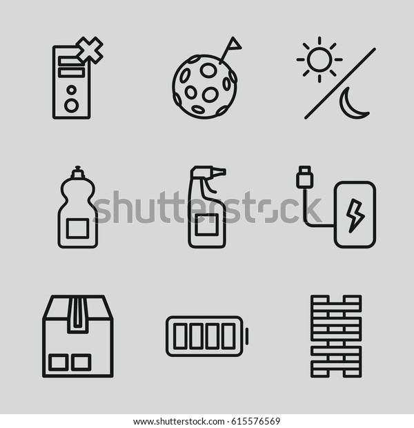 Full icons set. set of 9 full outline icons such\
as cleanser, cargo container, ful battery, battery, sun and moon,\
flag on moon, no charge