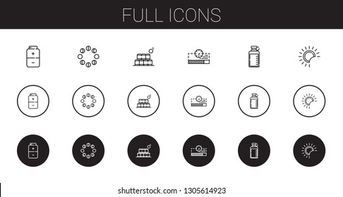 full icons set. Collection of full with battery, moon phases, bottles, progress bar, bottle, eclipse. Editable and scalable full icons.