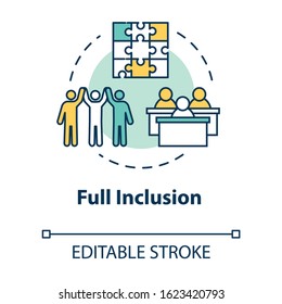 Full inclusion concept icon. Student group dynamics. Diverse community. Positive support. Inclusive education idea thin line illustration. Vector isolated outline RGB color drawing. Editable stroke