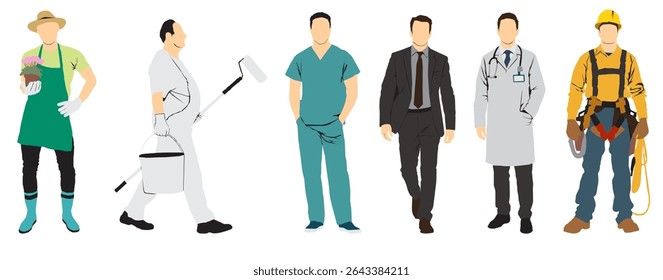 full isolated vector illustration of different occupational people