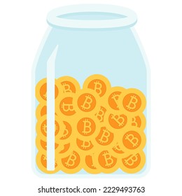 Frasco lleno de monedas de bitcoin, en vector.
