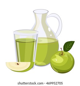 Full jug of apple juice, isolated on white vector set. Glass jug of apple juice fruit fresh beverage natural green organic vitamin. Vector set fresh and cold apple juice healthy fruit drink.