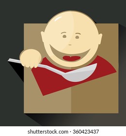 full the kid with a smile on my face, eating with a spoon gray, with a red shirt, and on a gold square background, casting a long shadow, vector
