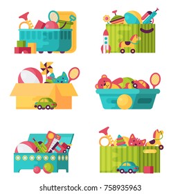 Full kid toys in boxes for kids play childhood babyroom container vector illustration