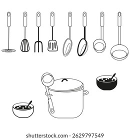Full kitchen kit. Tools with pot. Soup bowl included. Black and white layout.