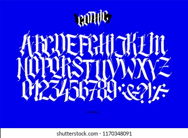 Full Latin alphabet in the Gothic style. Vector. Letters and symbols on a blue background. Calligraphy and lettering. Medieval Latin letters. Elegant font for tattoo. All letters are separate.